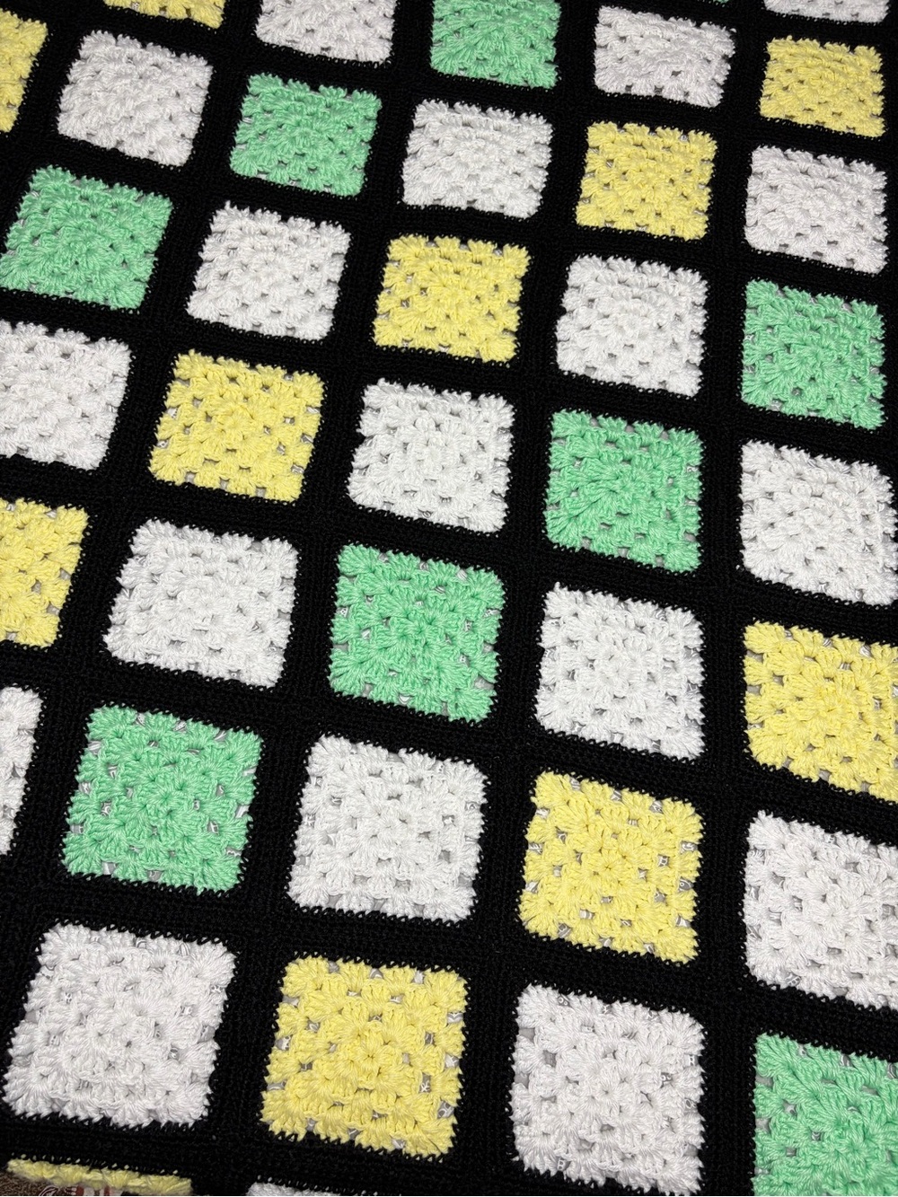 Handmade Crochet Granny Square Blanket - Green, Yellow, White on Black